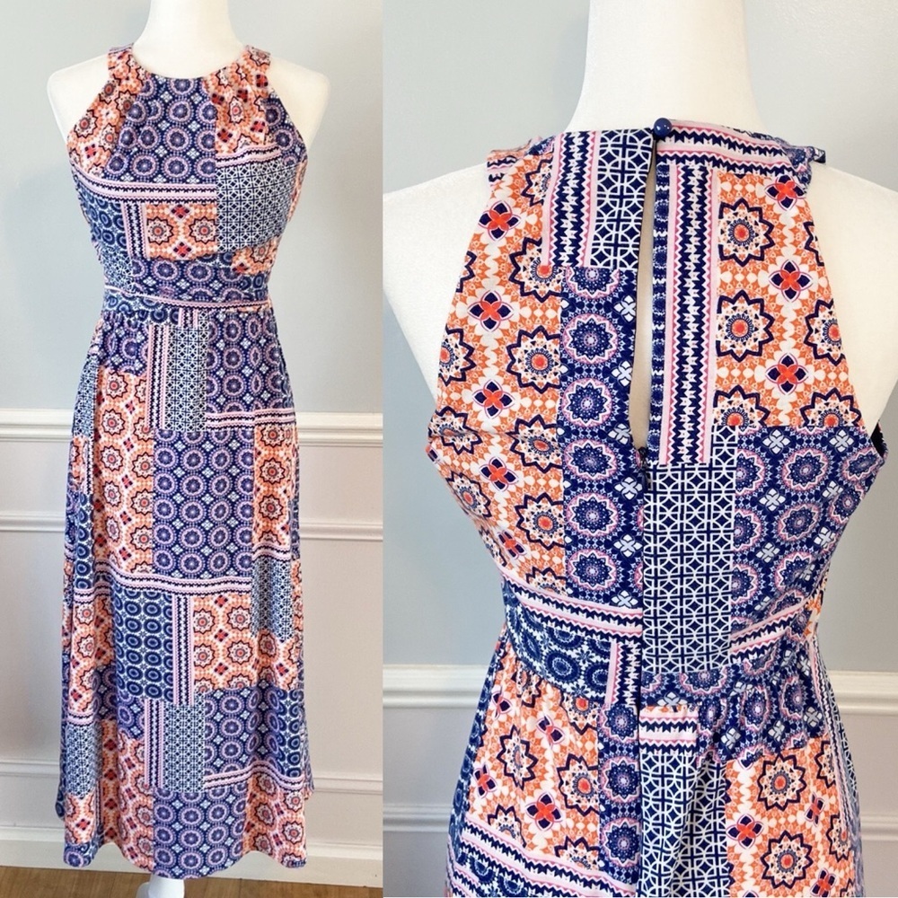 Kut from the Kloth Midi Dress Boho Round Halter Strapless Blue & Orange Size 4
